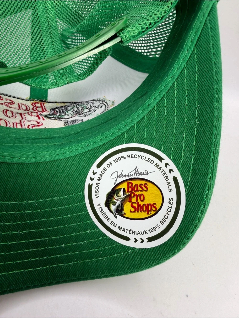 Bass Pro Shops Green White Yellow Embroidered Fish Logo Trucker Hat
